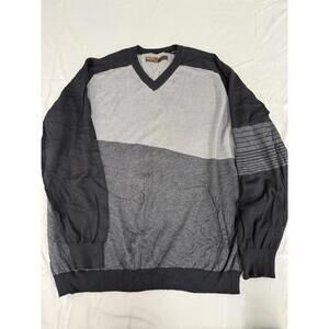 Perry Ellis Sweater Mens 2XL Gray Black V Neck Colorblock Pullover Striped Knit